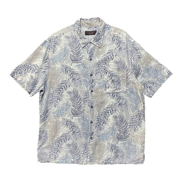 USA 古着 Jasso Elba ジャッソエルバ シルク/リネン アロハシャツ ハワイアンシャツ リーフ柄 総柄 グレー メンズXL BF3274