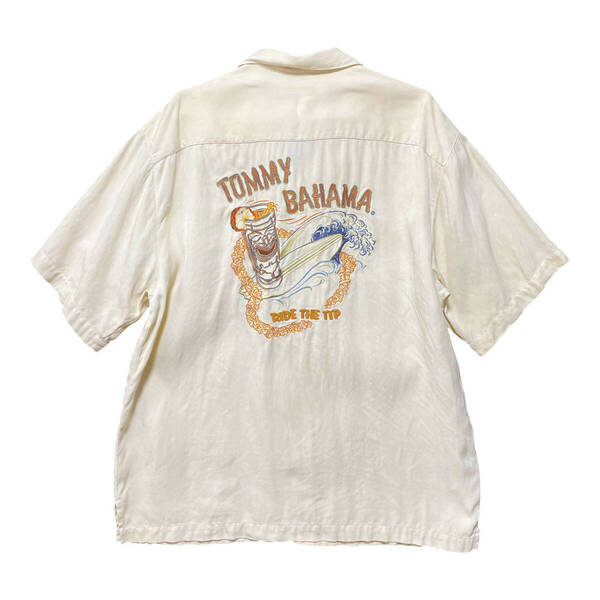 USA 古着 Tommy Bahama トミーバハマ シルク アロハシャツ キャンプシャツ 刺繍 ティキ サーフィン メンズL アイボリー BF3275
