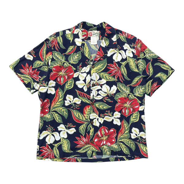 USA 古着 The Hawaiian Originals ザ・ハワイアン コットン/レーヨン 開襟 アロハシャツ ハワイアンシャツ リーフ メンズM ネイビー BF3297