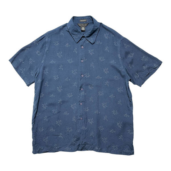 USA 古着 J.Ferrar ヴィンテージ シルク 半袖シャツ ビーチシャツ アロハシャツ ハワイアンシャツ リーフ柄 メンズL ネイビー 紺色 BF3301