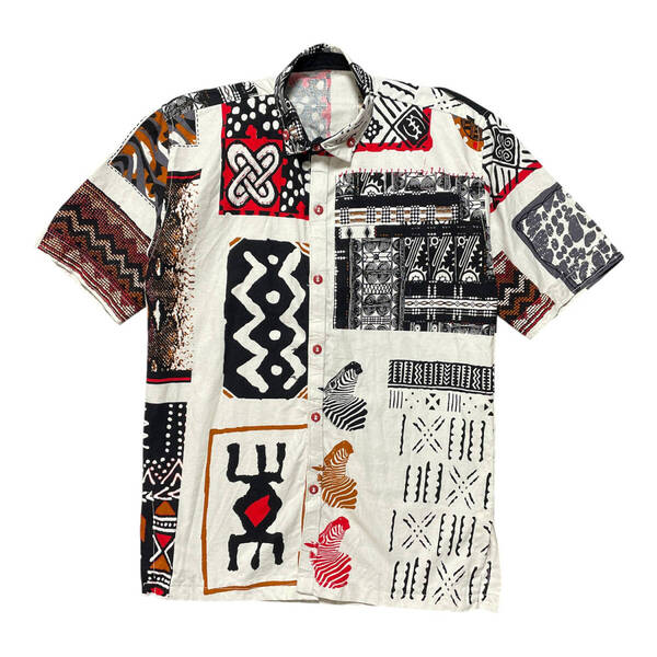 USA 古着 WOODIN コットン アフリカン アロハシャツ 半袖シャツ 縞馬 総柄 メンズL相当 ホワイト ヴィンテージ BF3303