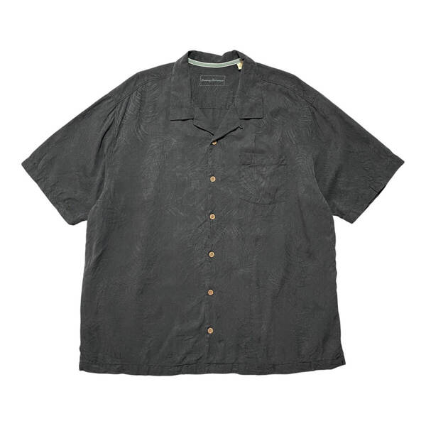 USA 古着 Tommy Bahama トミーバハマ シルク ジャガード 開襟 アロハシャツ キャンプシャツ リーフ柄 メンズXL ブラック 黒色 BF3305
