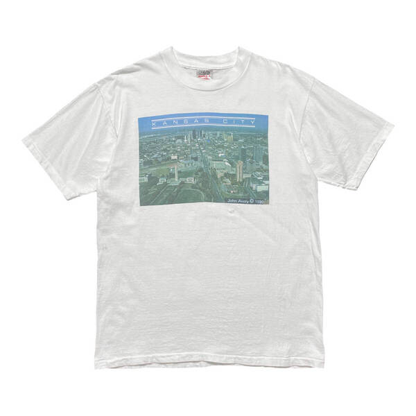 古着 USA製 90S カンザスシティ フォト Tシャツ プリント ホワイト クルーネック メンズXL シングルステッチ BA4085