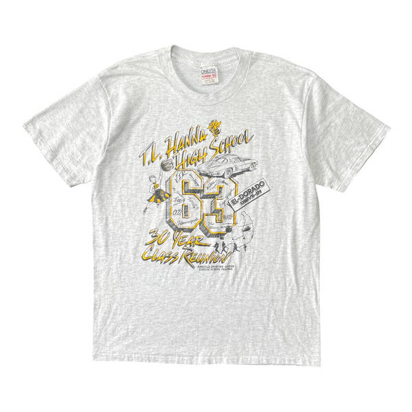古着 USA製 90S TLハンナ高校 ハイスクール Tシャツ プリント ヴィンテージ グレー メンズXL シングルステッチ BA3908