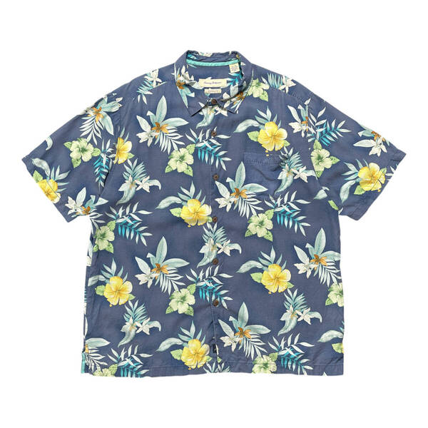 USA 古着 Tommy Bahama トミーバハマ シルク キャンプシャツ アロハシャツ ハワイアンシャツ メンズXL ネイビー系 BF3369