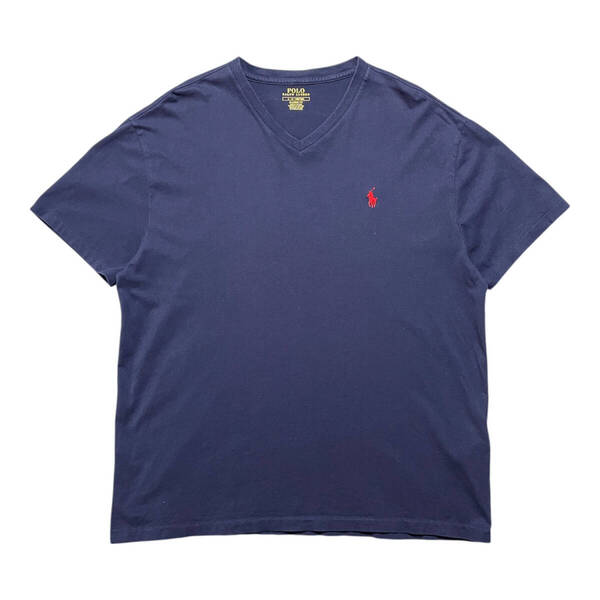 USA 古着 Polo Ralph Lauren ポロラルフローレン Tシャツ 刺繍 ロゴ Vネック ネイビー メンズL BA4068