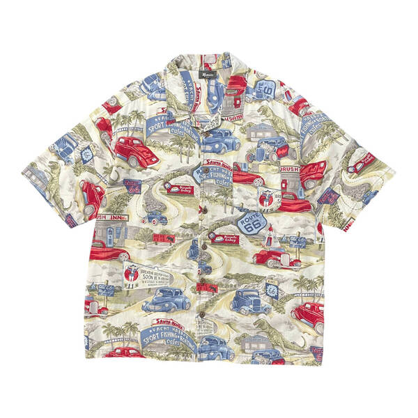 古着 USA製 90S REEBESSE コットン アロハシャツ ハワイアンシャツ ルート66 クラシックカー メンズ2XL ベージュ 大きいサイズ BF3348