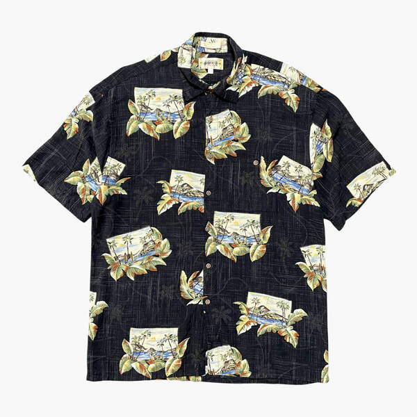 USA 古着 CAMPIA MODA キャンピアモダ レーヨン アロハシャツ ハワイアンシャツ パームツリー メンズL ブラック BF3387