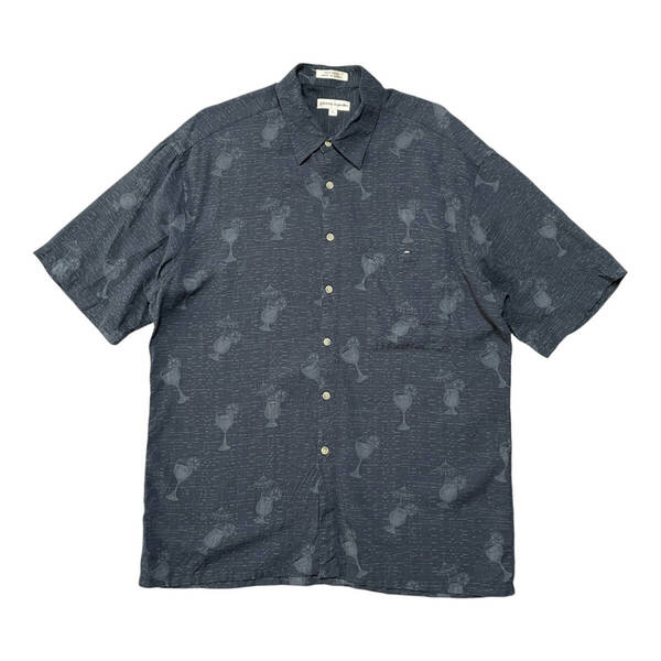 USA 古着 Pierre Cardin ピエールカルダン レーヨン アロハシャツ ハワイアンシャツ ブラック カクテル柄 メンズL 総柄 BF3406