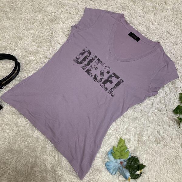 古着 diesel ディーゼル 半袖Tシャツ パープル ダメージ 花柄ロゴ レディース Sサイズ