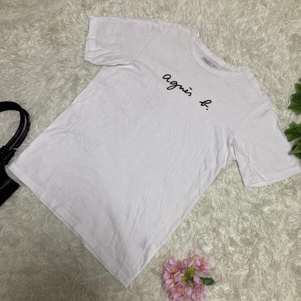 美品 agnes.b アニエスベー 半袖Tシャツ 白 センターロゴ シンプル 日本製 レディース イ M相当