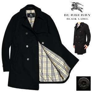 新品同様! バーバリーブラックレーベル カシミヤ x 羊毛 ウールチェスターコート風 銀ボタン ロング丈Pコート L/3 黒 BURBERRY BLACK LABEL