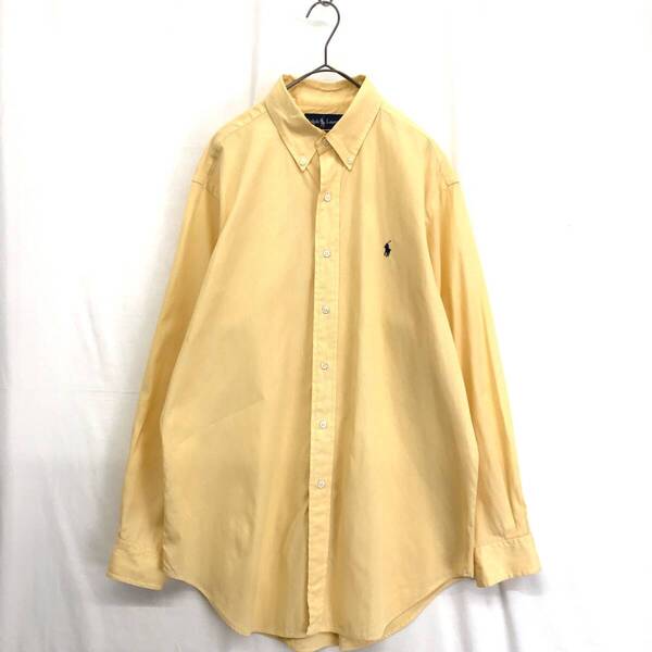 KZ8494★POLO Ralph Lauren : ワンポイント刺繍 長袖BDシャツ★L★イエロー ボタンダウン ストライプ