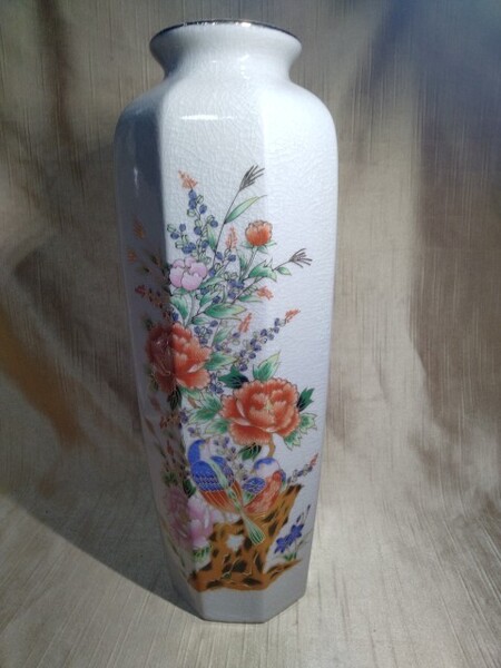 九谷焼 徳山作 花瓶 27x6.5cm 上縁金線にざらつきあり 置温