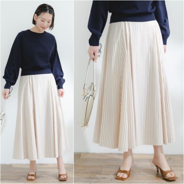 2023SS★美品★F by ROSSO ストライプフレアスカート 定価13,200円 ベージュ 春 夏 オフィス 通勤 エフバイロッソ アーバンリサーチ