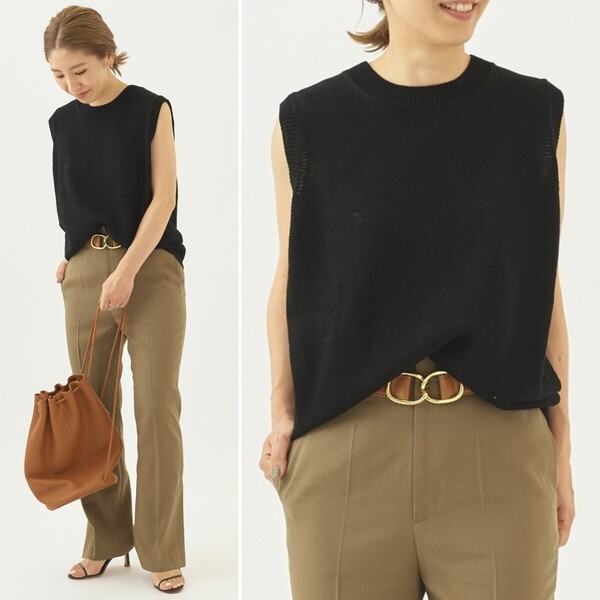 春夏物★美品★plage Italian Yarn クルーネックノースリーブ 定価18,700円 ブラック 黒 プラージュ オフィス 通勤 ベスト ニット
