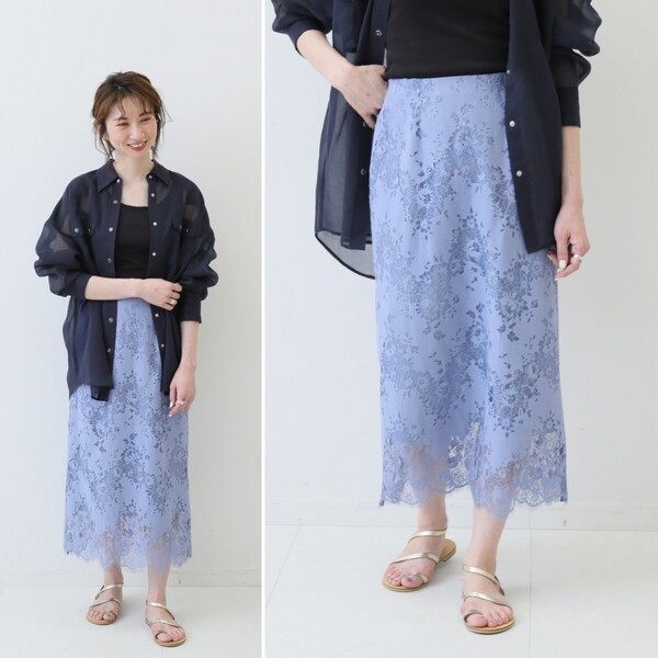 春夏物★美品★Spick&Span ラッセルレーススカート 定価15,400円 ブルー 春 夏 秋 冬 オフィス 通勤 スピック&スパン