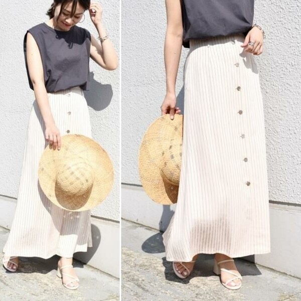 春夏物★美品★SHIPS for woman CANGIOLI フレアスカート 定価22,990円 ベージュ シップス オフィス 通勤 カジュアル ストライプ
