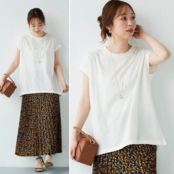 2023SS★夏物★le.coeur blanc オーガニックコットンフレンチスリーブTシャツ 定価6,600円 オフホワイト ルクールブラン カジュアル