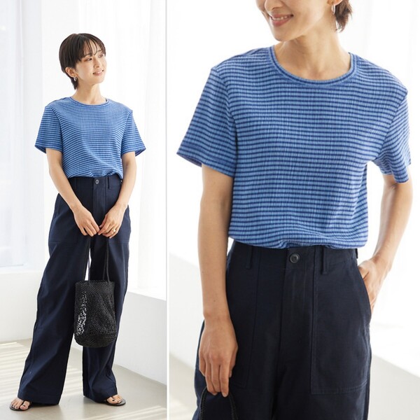 夏物★美品★JOURNAL STANDARD relume ストレッチクレープクルーネックTee 定価5,500円 ブルー ジャーナルスタンダード レリューム Tシャツ