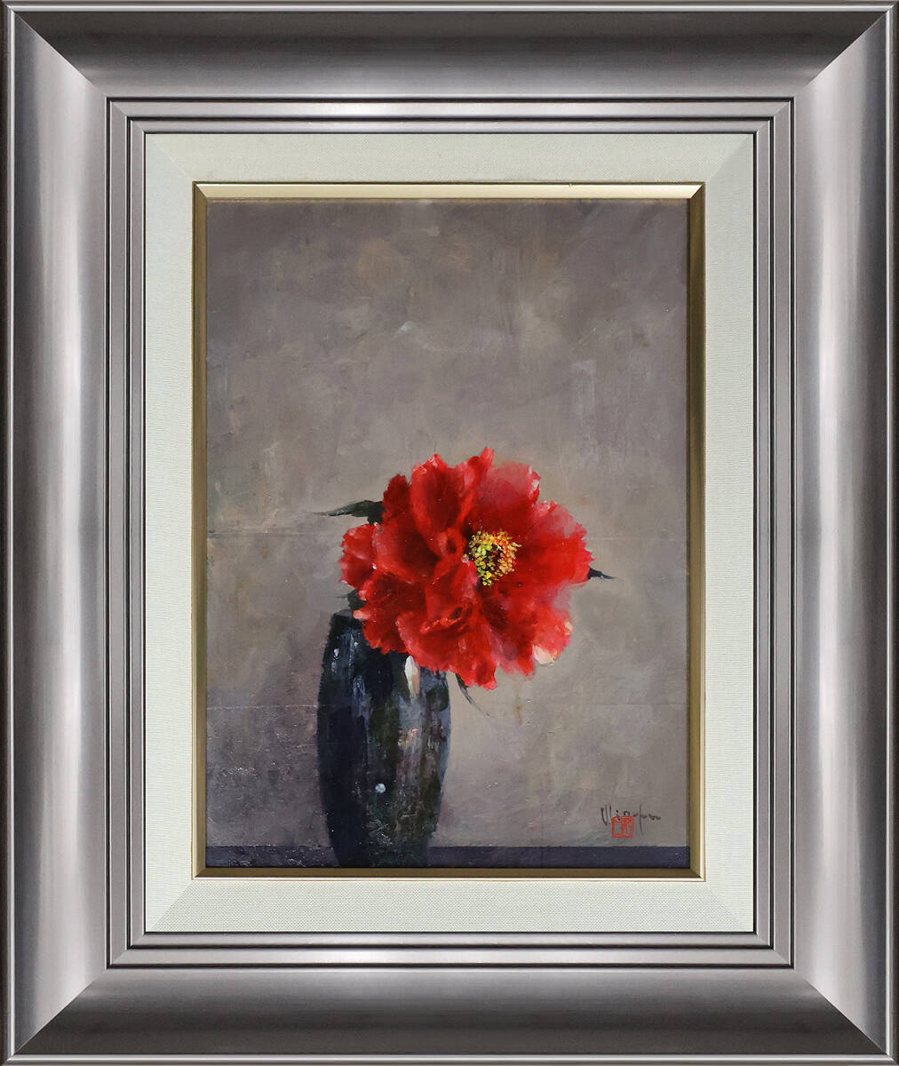 油彩画 [ 牡丹 百花王 ] 額付 原画