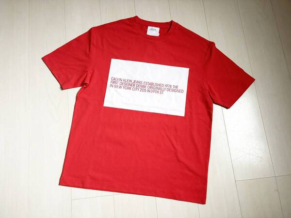 新品 CALVIN KLEIN JEANS EST.1978 カルバン クライン ジーンズ Tシャツ メッセージ プリント 半袖 カットソー コットン レッド 赤S▼05124