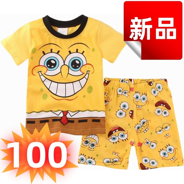 ★新品★スポンジボブ キッズパジャマ 上下セット 黄色 半袖Tシャツ&ショートパンツ 子供服 男の子 女の子 100cm 部屋着 寝間着 綿100%