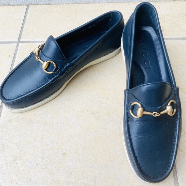 ★美品★ GUCCI グッチ 40.5 約25.5cm ビットローファー スリッポン デッキシューズ GD金具 ネイビー NV マリンカラー 牛革 レザー 紺色