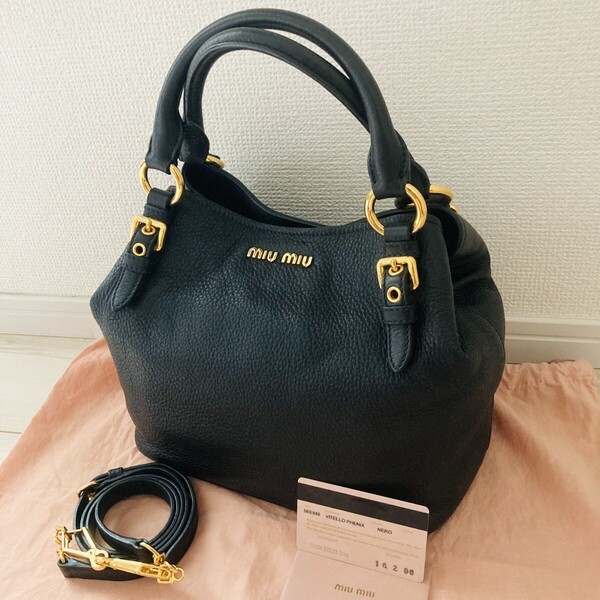 ★美品★ミュウミュウ MIU MIU ハンドバッグ ショルダーバッグ 5BE886 2WAY レザー ブラック BK 黒 シボ革 ギャランティ付き GD金具