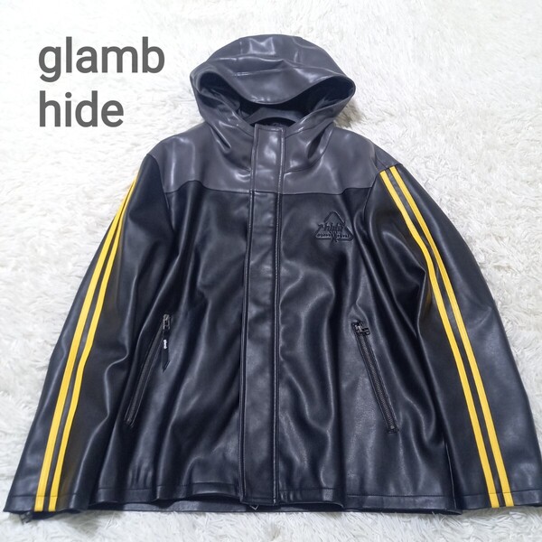 【未使用級】 glamb hide Leather Line Parka グラム ヒデ X JAPAN 希少 レア レザー ラインパーカー ジャケット L 黒 ブラックイエロー