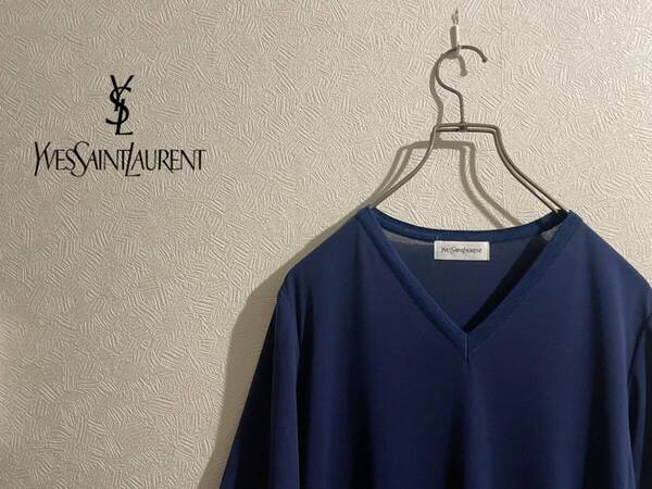 ◯ Yves Saint Laurent カットソー ワンピース / イヴ サンローラン コットン 半袖 Vネック ロング ドレス ブルー 青 M Ladies #Sirchive
