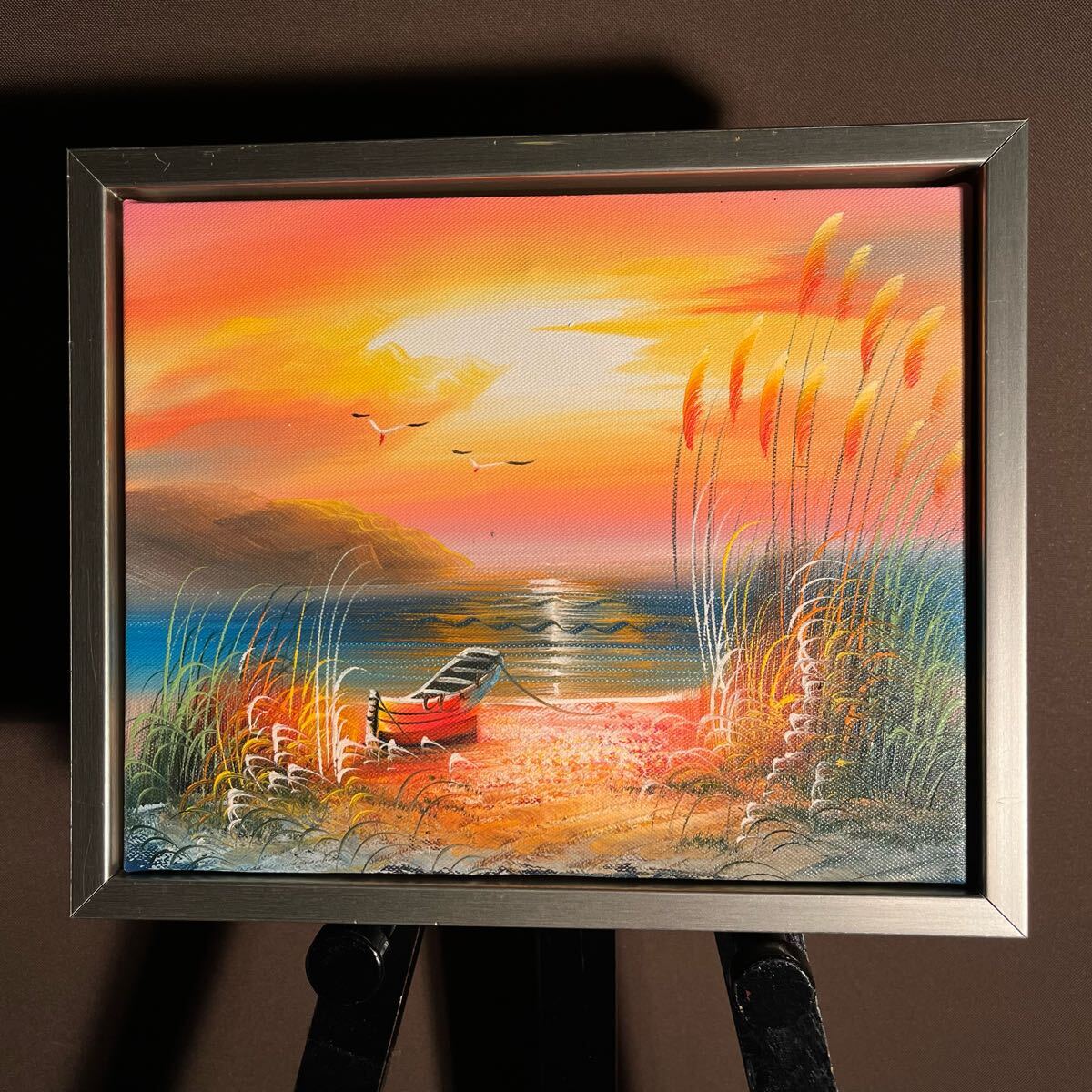 手描き油絵 夕暮れの海岸 額付 肉筆絵画 インテリア 油彩画
