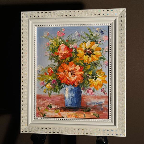 手書き油絵 花瓶の花 額付 絵画 インテリア 油彩画