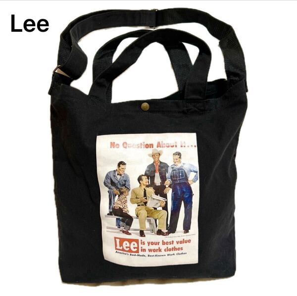 【美品・希少】Lee キャンパストートバック ショルダーバック 2WAY 黒 ブラック ヴィンテージイラストプリント A4収納可能 トート