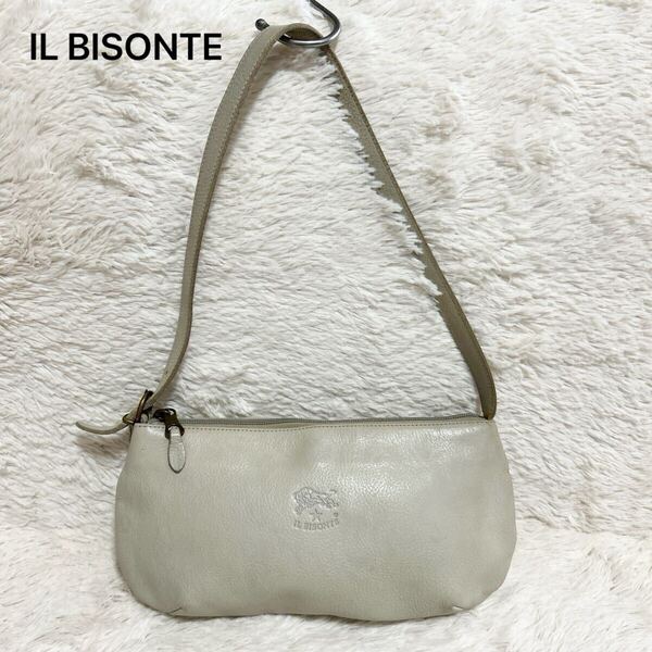 IL BISONTE イルビゾンテ アクセサリーポーチ ハーフムーン ワンショルダー ショルダー ロゴ型押し 水牛刻印 シボ革 レザー 白 ホワイト