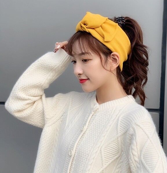ビッグリボン ヘアターバン イエロー でかリボン 韓国 ヘアバンド リブ リボン ヘアアクセサリー おしゃれ レディース 可愛い