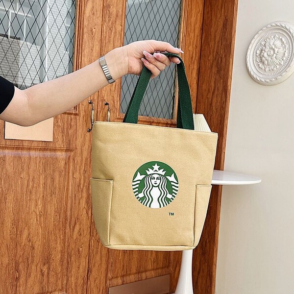 【スターバックス】スタバ トートバック ハンドバッグ小物入れ 磁石止め 海外限定 カーキ
