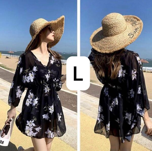 水着 ビキニ 黒 ブラック レトロ 花柄 Lサイズ上下セット 3点セット セパレート 日焼け対策 UVカット 体型カバー 水陸両用 吸汗速乾