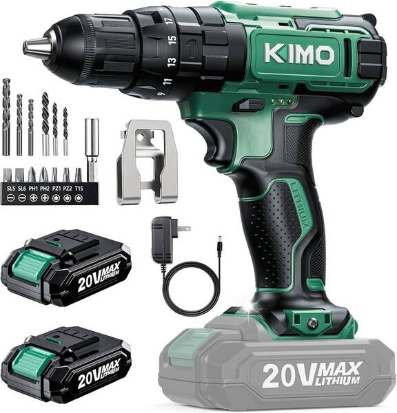 【2.0Ahバッテリー2個付き】KIMO ドリルドライバー 電動ドリル 電動ドライバー 小型 20V 最大35N.m 正逆転切替 18段階トルク調節