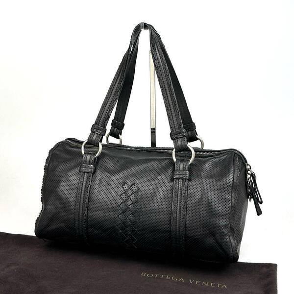 美品■BOTTEGA VENETA ボッテガヴェネタ ミニボストン パンチング イントレチャート ブラック ラムレザー ハンドバッグ ユニセックス