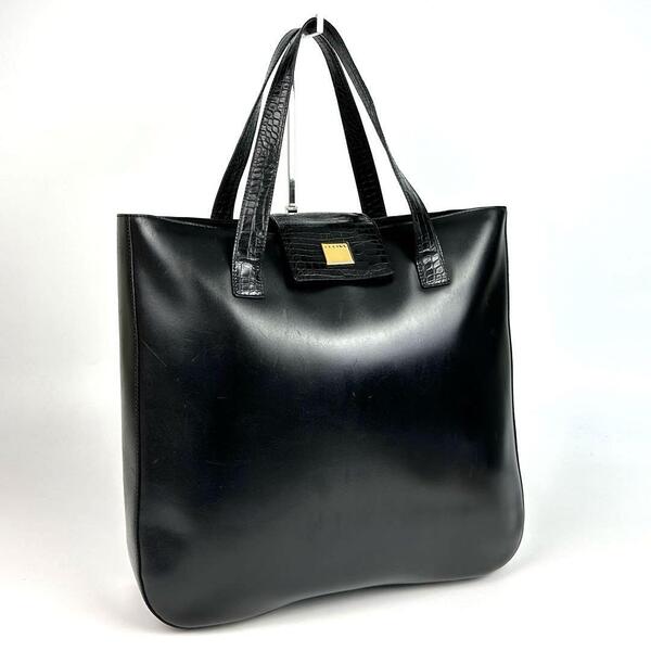 美品■CELINE セリーヌ クロコ型押し トートバッグ プレートロゴ ゴールド金具 大容量 クロコダイル ブラック カーフレザー ユニセックス