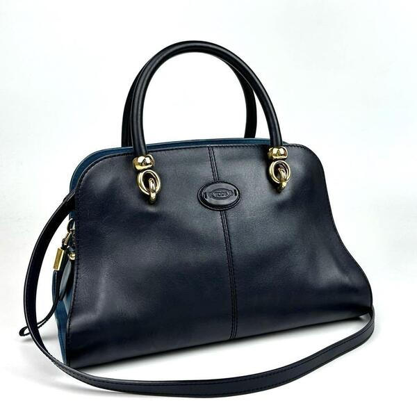 美品■TOD'S トッズ セラ ハンドバッグ 2way ショルダーバッグ クロスボディ カーフレザー ゴールド金具 バイカラー ネイビーブラック系
