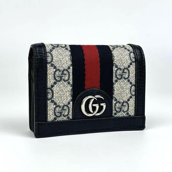 極美品■GUCCI グッチ オフィディア コンパクトウォレット GG マーモント ネイビー系 シルバー金具 シェリーライン 二つ折り財布 523155