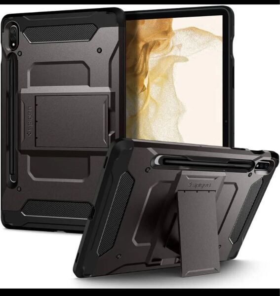 Spigen Galaxy Tab S8 S7 ケース カバー Spen 収納 タブレットケース Sペン収納 スタンド ホルダー付き 衝撃吸収 耐衝撃 (ガンメタル)