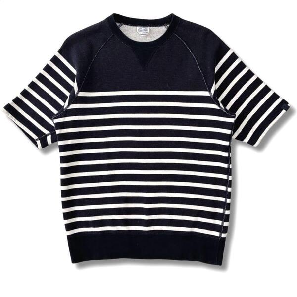 日本製 美品 EDIFICE LOWERCASE 別注 ループウィラー ボーダー 半袖 スウェット Tシャツ Vガゼット 前V クルーネック カシミヤ BEAMS PLUS