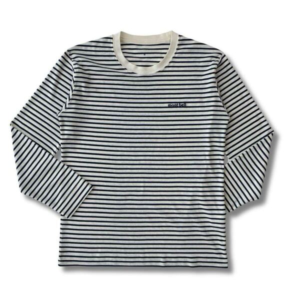 美品 モンベ mont.bell WIC.ボーダーロングスリーブT Men カットソー インナー Tシャツ M ネイビー ホワイト 長袖