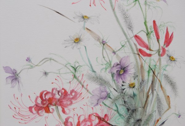 彼岸花 曼殊沙華 コスモス のじぎく 猫じゃらし 水彩画 絵画 花