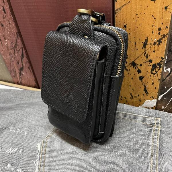 新品 本革レザー ウエストバック メンズ ブラック 黒 牛革 携帯電話 スマホバッグ iPhone 財布 たばこ ベルトポーチ ヒップバッグ 送料無料