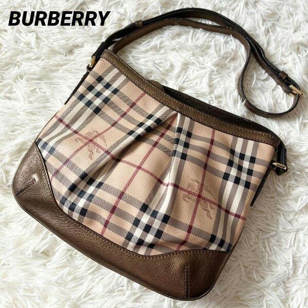 美品★BURBERRY バーバリー ノバチェック シャドーホース ショルダーバッグ PVC×レザー ベージュ×ゴールド