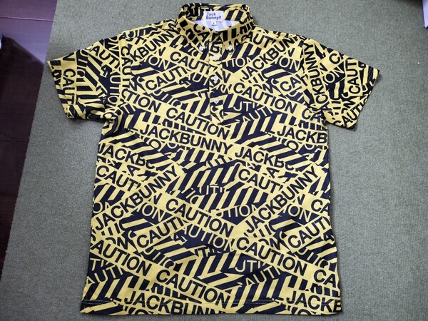 送料¥0 美品 ジャックバニー Jack Bunny!! メンズ 半袖ポロシャツ 4(M) 白×黒 ボタンダウン ロゴ総柄